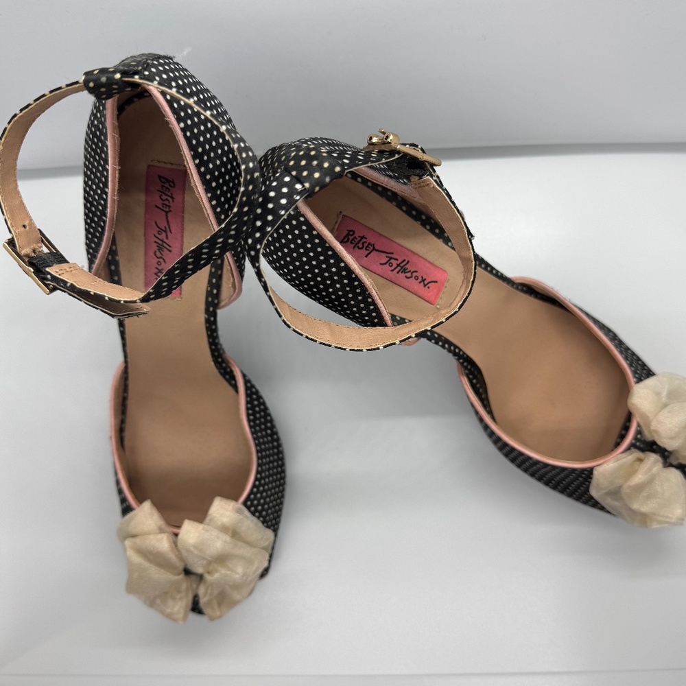 Betsey Johnson Black Polka Dot Ankle Strap Heels with Cream Bow - Picture 3 of 11